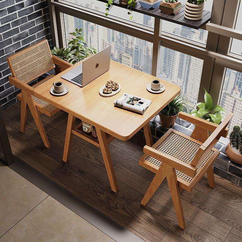 实木桌椅三件套组合中古风小户型家用茶几双层方餐桌阳台休闲茶桌