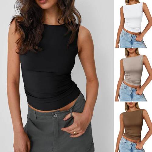 Solid Color Round Neck Tank Top Casual Sleeveless Top for