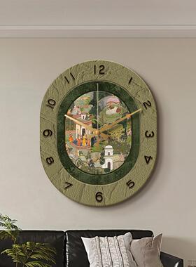 E4C法式复古客厅挂钟高级感中古风餐厅装饰画创意钟表挂墙绿色时