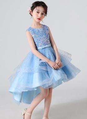 高档女童燕尾裙夏季儿童表演礼服连衣生公主紫色前短后裙日长裙演