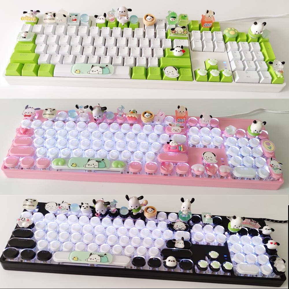手工帕恰狗打字机机械键盘104有线热插拔白光RGB青轴可爱办公粉色