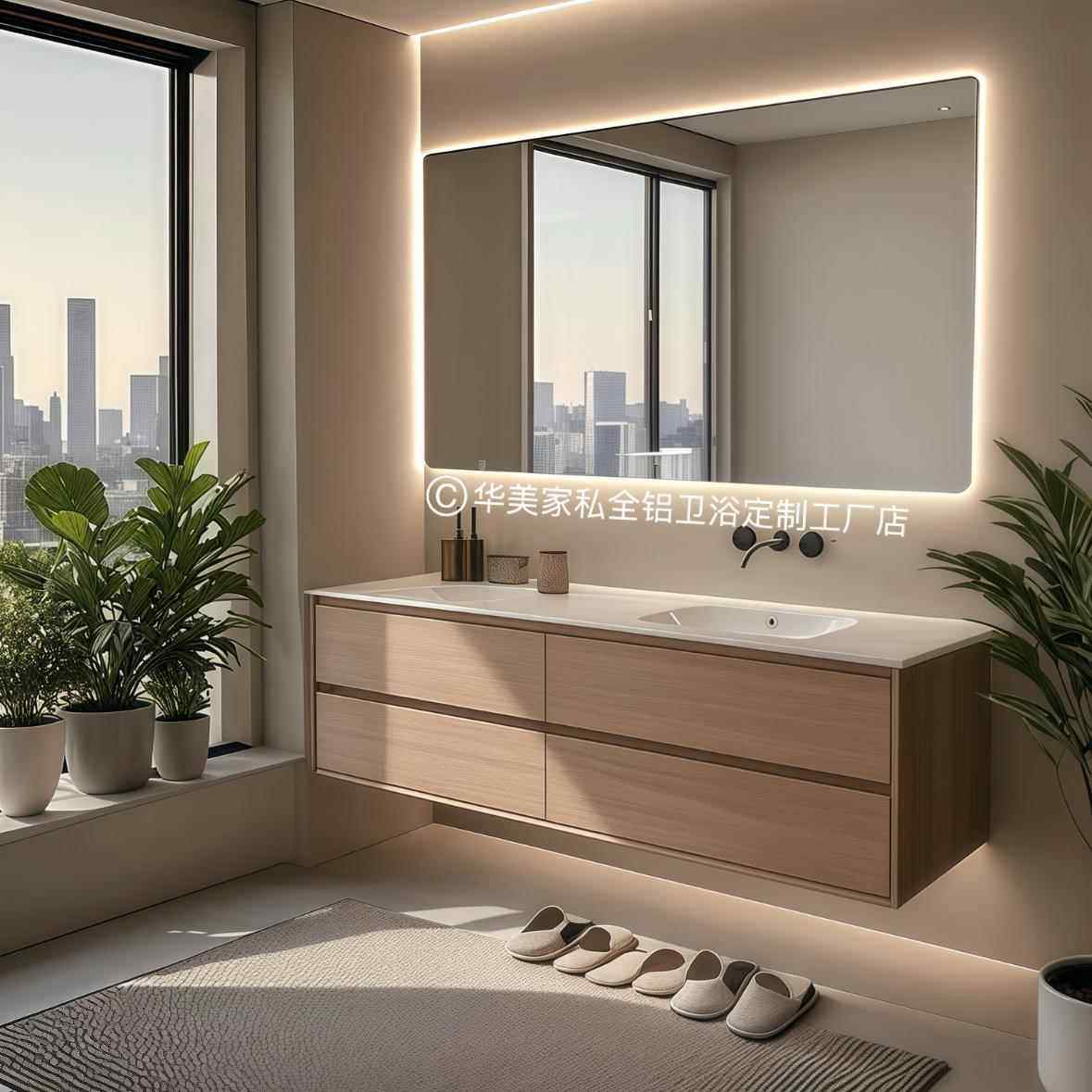 全铝蜂窝铝2025新款原木风岩板热弯无缝陶瓷一体盆浴室柜组合定制