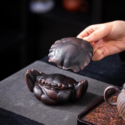 螃蟹茶漏原DZZT—20矿紫陶隔一体过滤器可茶宠摆件茶滤过滤养高网