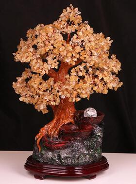 天然黄水晶招财树流水发财盆景滚珠摇钱树水晶树客厅办公家居摆件