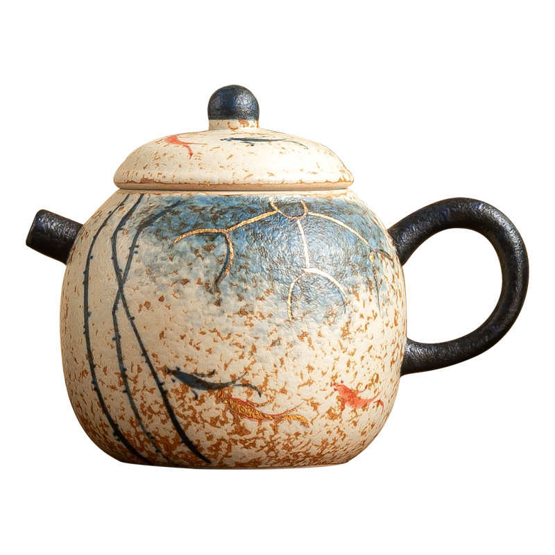工厂青花火石红过滤茶壶套装描金手绘荷韵锦鲤小掇球壶壶承泡茶壶