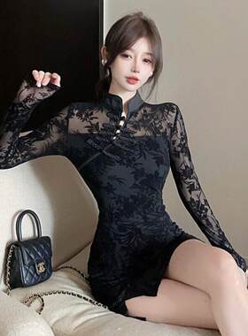 直播衣服女主播上镜新中式年轻款少女紧身包臀性感蕾丝旗袍连衣裙