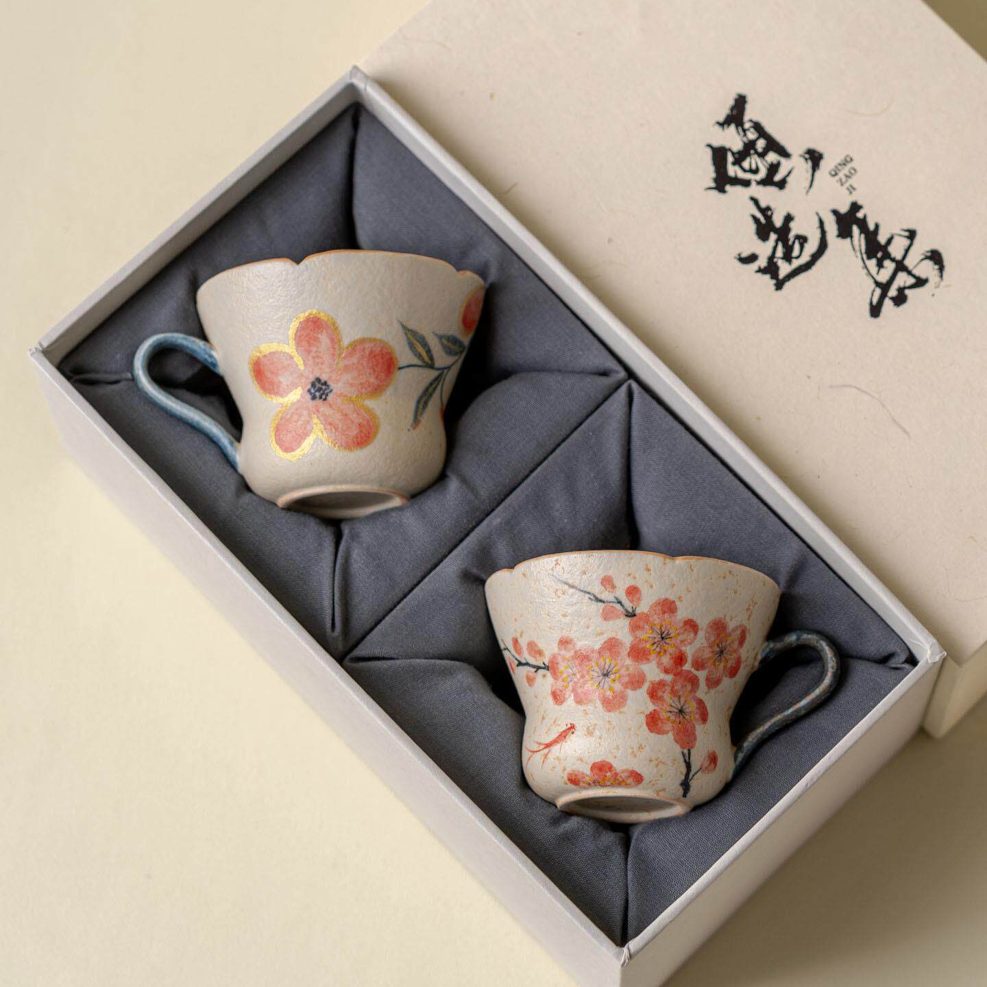 焦糖手绘梅花耳杯陶瓷家用品茗杯功夫茶具喝茶杯描金粗陶对杯套杯