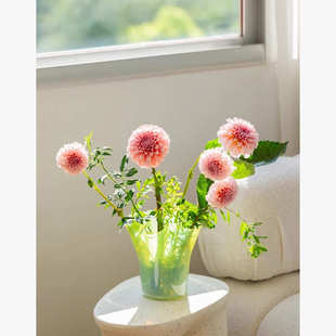 奶油绿蓝色白菜花瓣聚百财敞口褶皱感渐变花瓶波点大口径琉璃花器