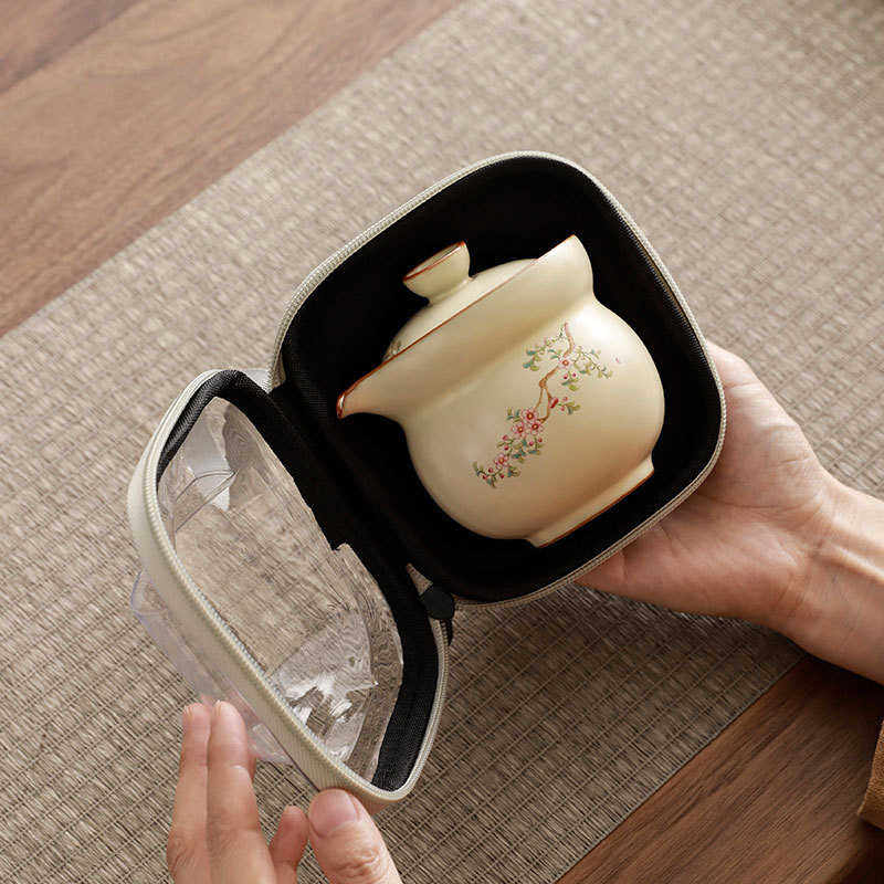 米黄汝窑便携式旅行茶具套装快客杯一壶二杯户外泡茶壶茶杯印logo,餐饮具,旅行茶具,淘宝优惠券,粉丝福利购,淘宝优惠卷