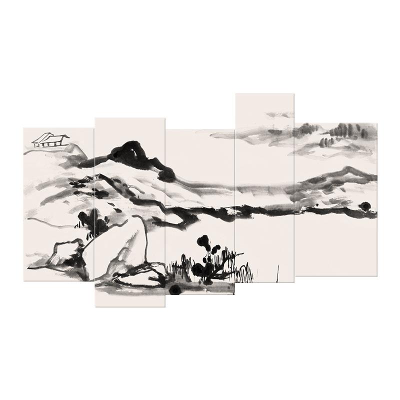 秋水长天图新中式水墨山水壁画书房茶室客厅背景墙组合装饰画