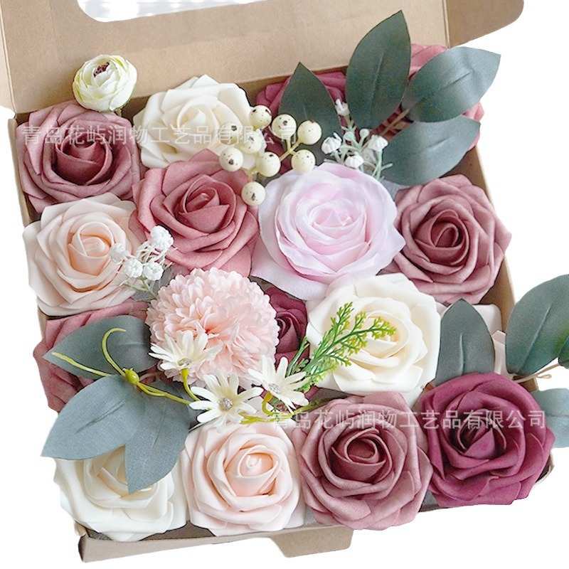 新款仿真花花头带杆盒装婚礼情人节新娘手捧花伴手礼Diy花束