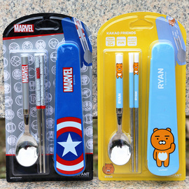 韩国学生筷子勺子套装便携式餐具三件套可爱儿童收纳盒叉子不锈钢