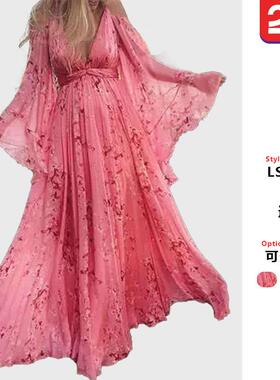 Slips, deep collar, printed pleated floor length skirt,