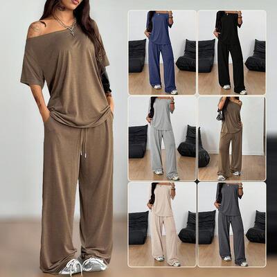 Relaxed Off-Shoulder 2 Piece Set Oversized Top and Wide Leg