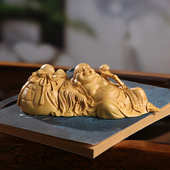 厂家批发黄杨木雕摆件笑佛卧靠布袋弥勒汽车摆件手工木制祥瑞