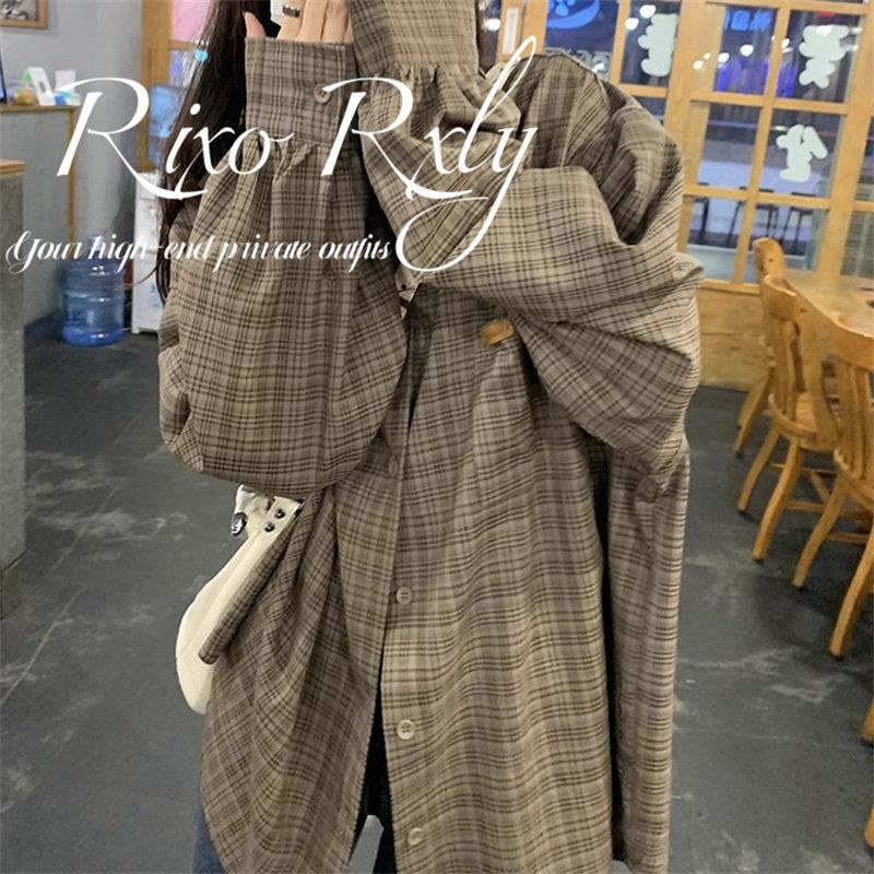 RIXO RXLY卡其色复古格纹长袖衬衫 2025春季新款淑女通勤衬衫 小