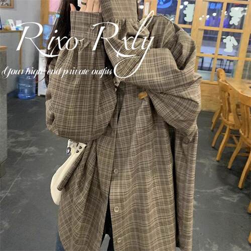 RIXO RXLY卡其色复古格纹长袖衬衫 2025春季新款淑女通勤衬衫 小