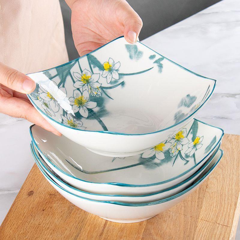 【两只装】四角盘子菜盘家用水仙花陶瓷翘脚碗凉菜汤碗沙拉碗