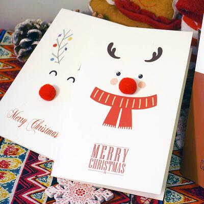Reindeer Snowman Pom Pom Card Cute Christmas Greeting
