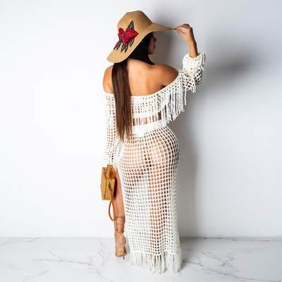 Hollow fashion mesh tassel two-piece set for women