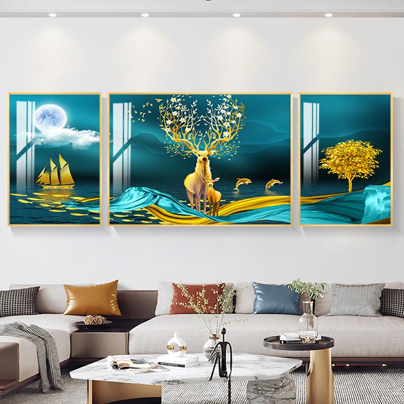 网红新款高北三欧客厅装饰画联画级年感钻石高端大气画晶瓷画壁画