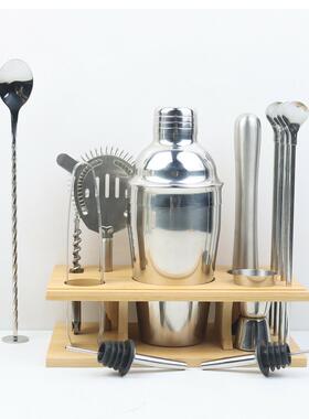 跨境竹木架子不钢鸡锈酒调酒器工具组合尾F14套装14件套壶摇厂家