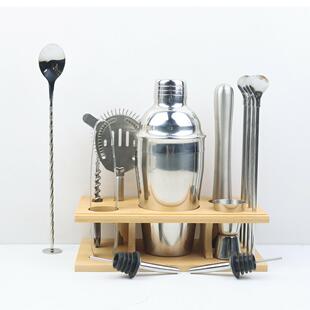跨境竹木架调子套不锈钢鸡尾酒酒件器工具组合套装14F14摇壶厂家