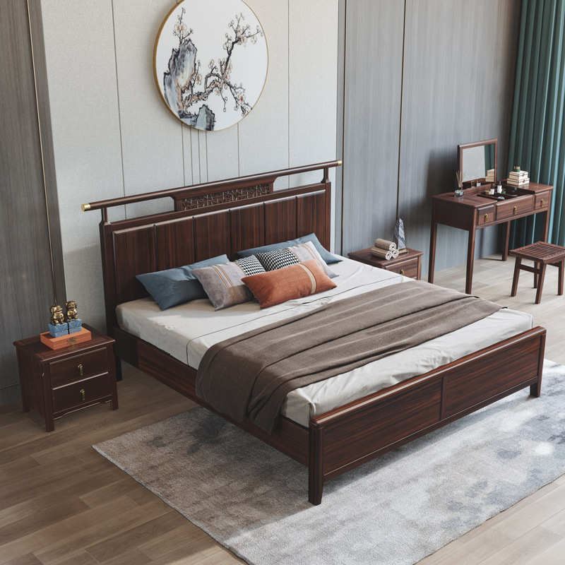 乌金木禅意双人床1.8m新中式实木床现代简约主卧框架大床厂家批发