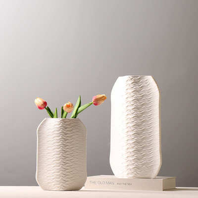 扁瓶工艺品装饰品3d售楼部干花陶瓷花瓶样板房款打印插花创意摆件