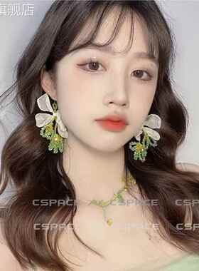 夏季海边度假甜美丝带绿色水晶串珠蝴蝶结流苏耳环森系超仙耳钩