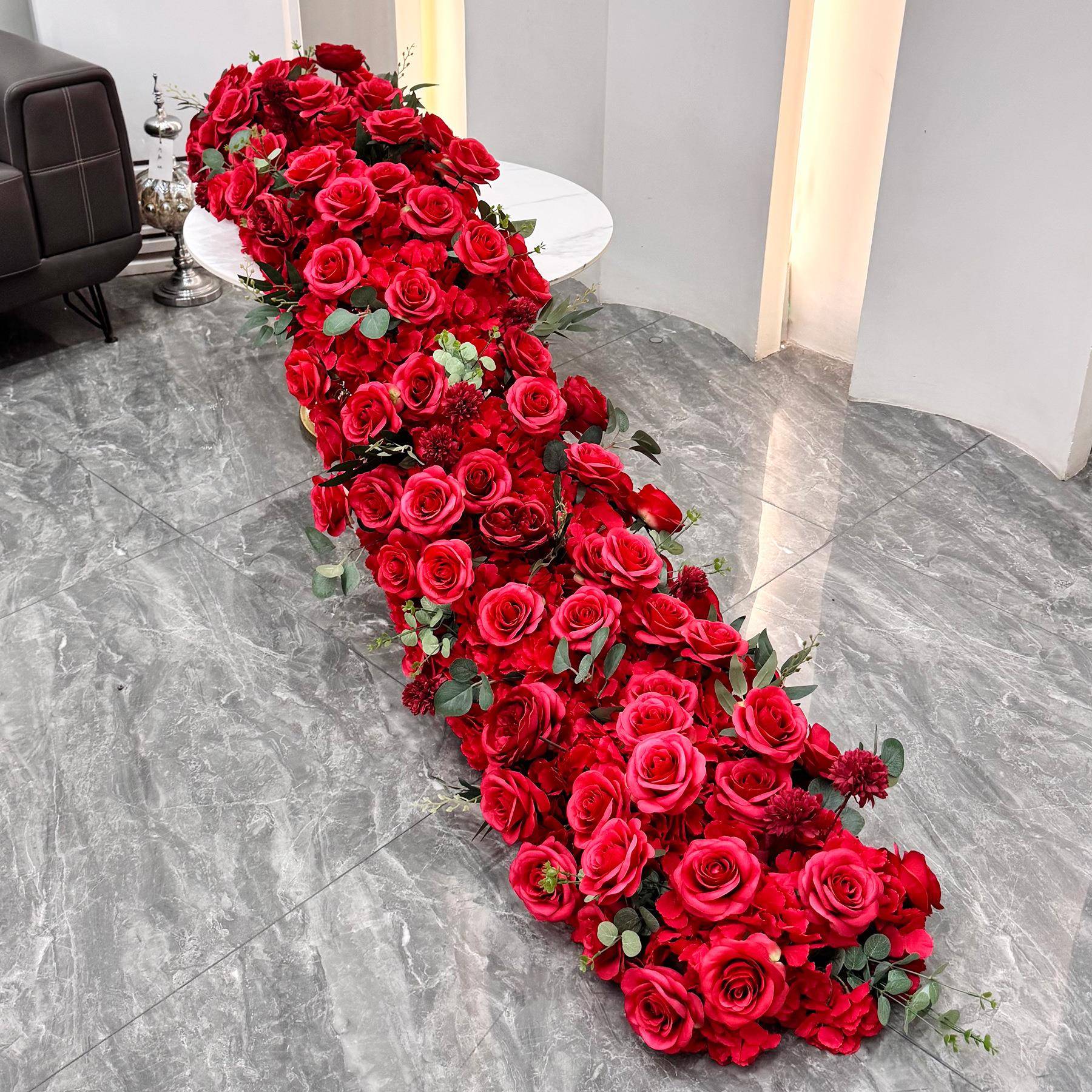 新款红色花排婚礼拱门餐桌装饰假花婚庆舞台摆放仿真花桌花长条花