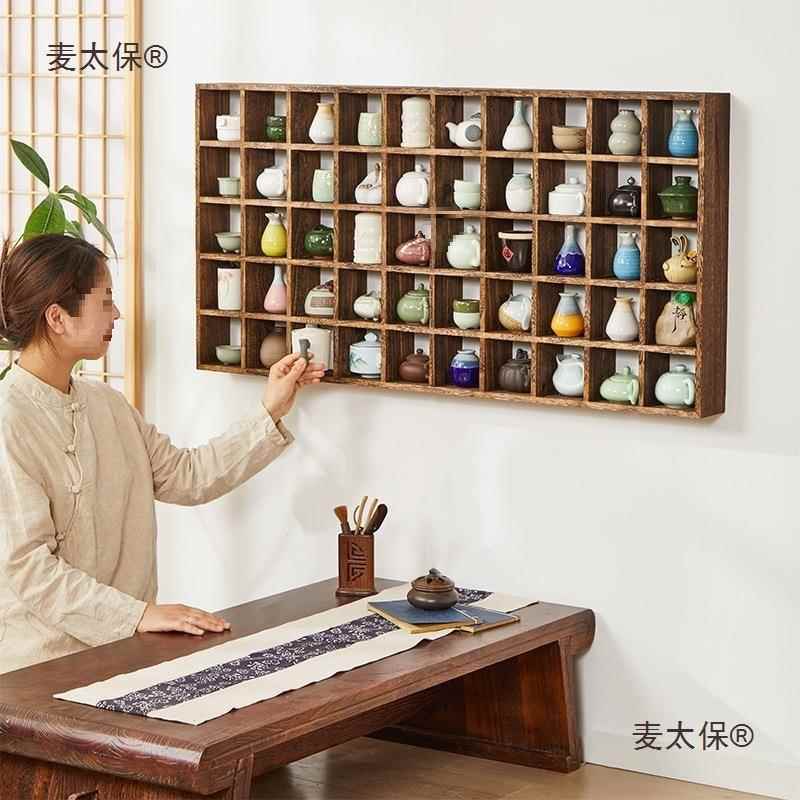 博古架实木新式墙壁挂式多宝阁茶架茶中壶架墙挂上茶置物架麦YMY