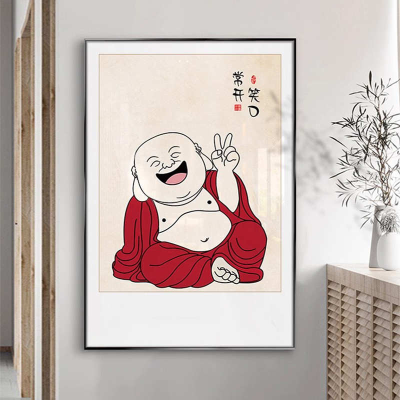 弥勒佛禅意茶室装饰画寓意好客厅桌面摆画沙发背景画玄关挂画竖版