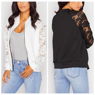 zipper Long patchwork lace jacket sleeved