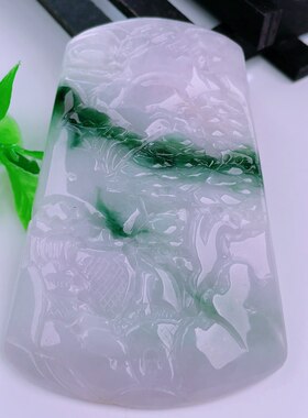 缅甸天然真品翡翠冰飘绿花高端精品闪拍山水意境牌玉石吊坠48.69g