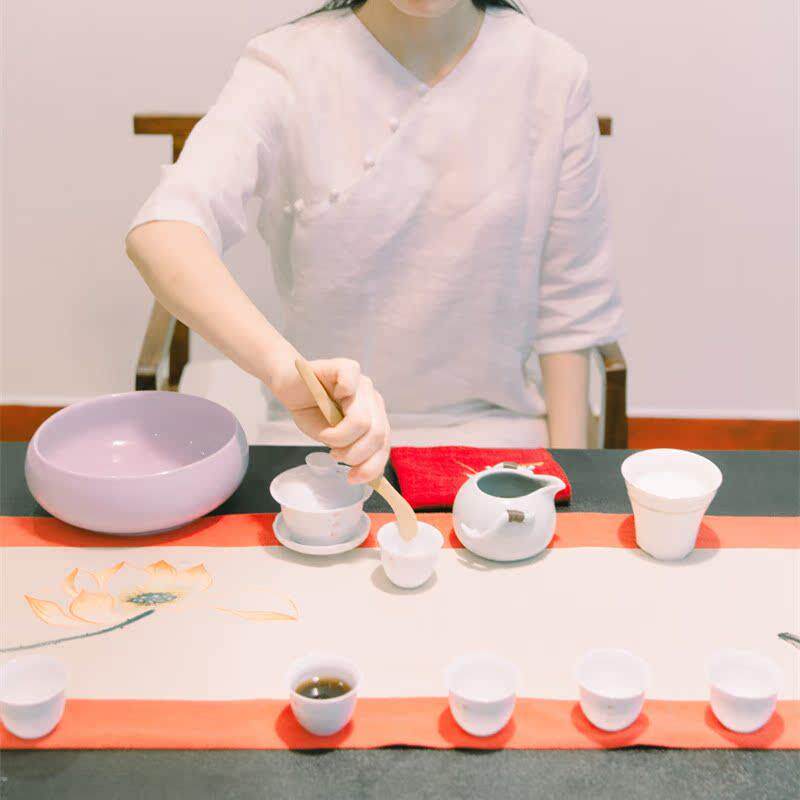茶事美学复古中国风手绘花鸟棉麻布艺茶席茶垫桌旗茶具配件