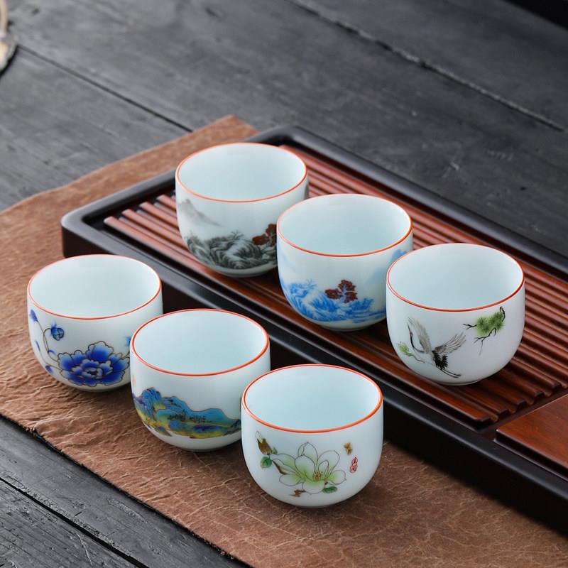 青花瓷功夫茶杯六件组防烫中式茶具家用主人品茗杯影青雕刻陶瓷茶