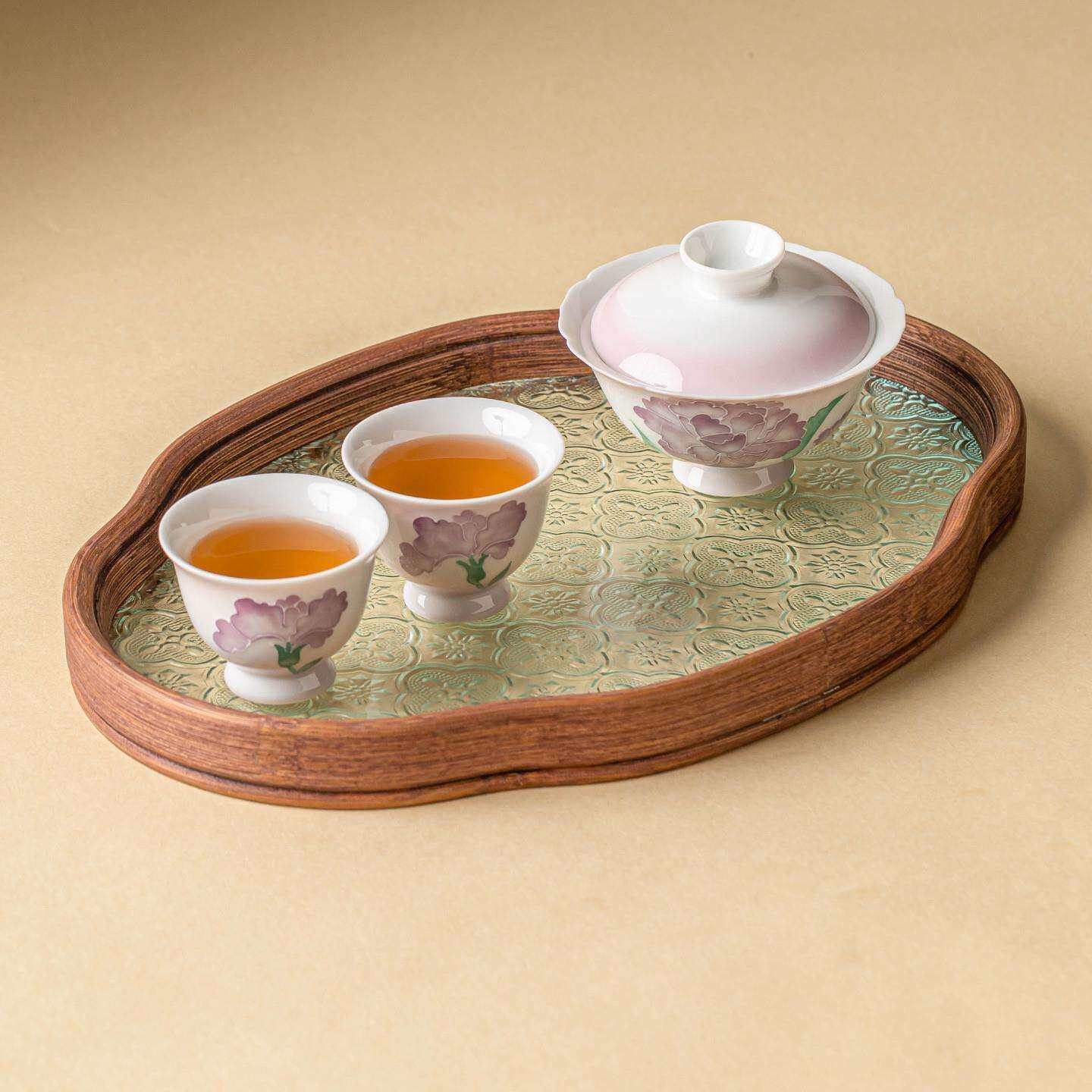 手绘堆雕康乃馨功夫旅行茶具套装一碗二杯户外便携式盖碗茶杯送礼