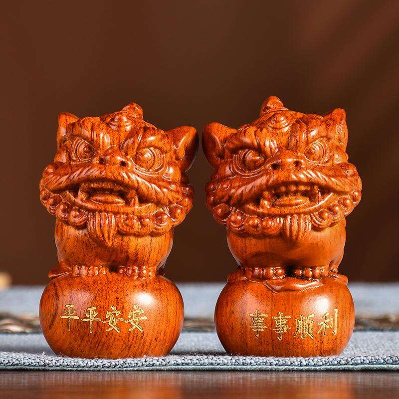 黑檀实木瑞兽醒狮手把件小号可爱风装饰配件把玩件客厅书房工艺品