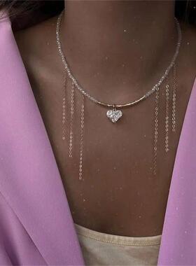 Fashion Vintage Tassels Zircon Heart Pendant Necklace For Wo