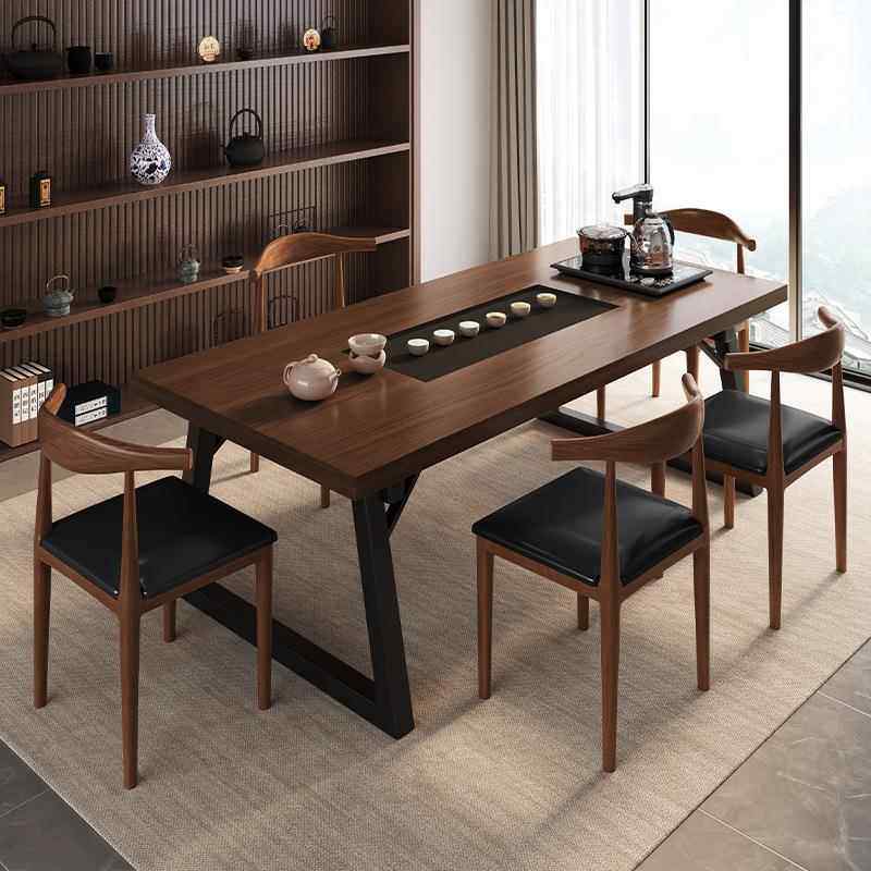 新中式茶桌椅组合嵌入式石茶盘一体仿实木色茶桌茶几办公室泡茶台