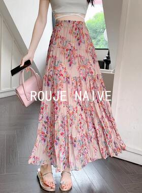 ROUJE NAIVE雪纺蛋糕长裙女半身裙夏季气质松紧高腰遮跨a字碎花裙