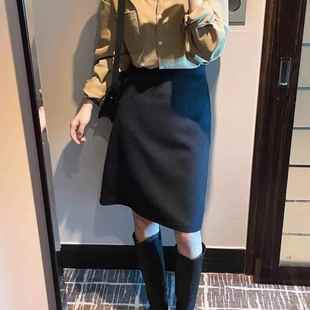 毛呢半身裙女秋冬大码 高腰显瘦黑色a字裙胖m遮胯宽松直筒加厚中裙