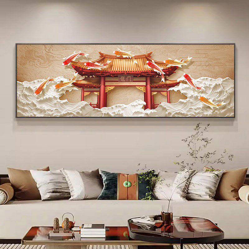 新中式装饰画客厅沙发背景墙装饰整幅九鱼锦鲤鲤鱼跃龙门挂画壁画