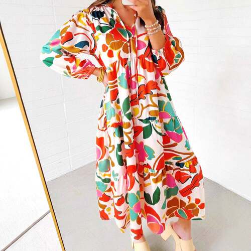 Size】Plants Print Tie Neck Dress Casual Long Dress for