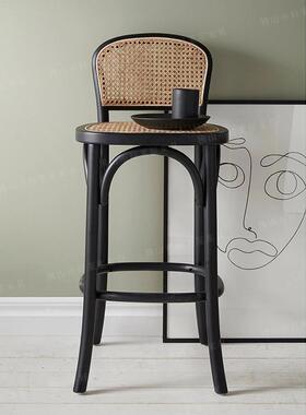 木藤编埃洛实斯吧椅656网红色吧台凳子简约高黑椅脚原木艺术酒吧
