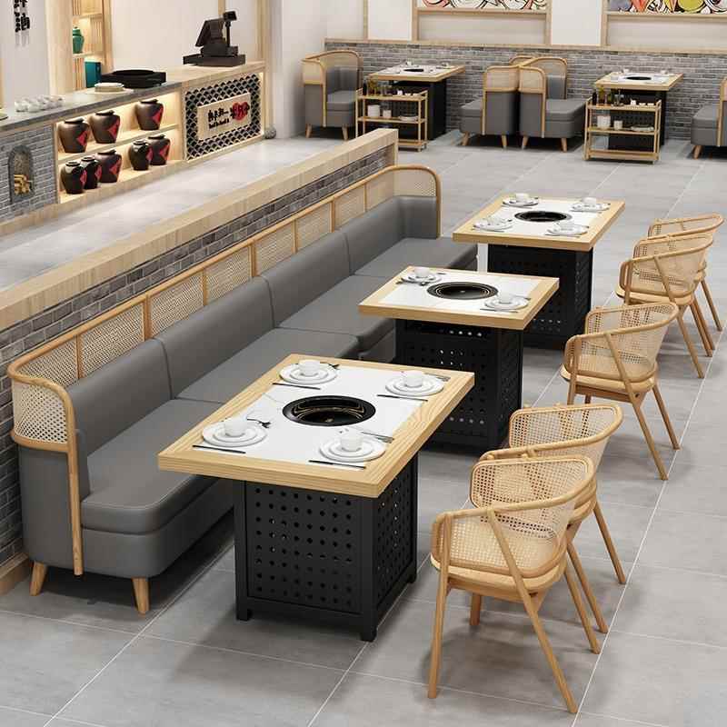 现代主题火锅店实木编藤卡座网红自助餐厅烤肉店岩板实木桌椅组合