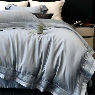 A类长绒棉四件套打孔镂空宽边纯色全棉被套高端样板房床品