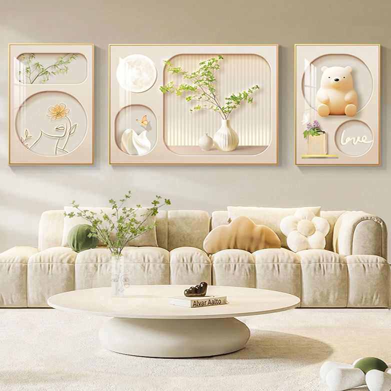 奶油风现代客厅装饰画沙发背景墙挂画北欧简约轻奢三联画吉象壁画