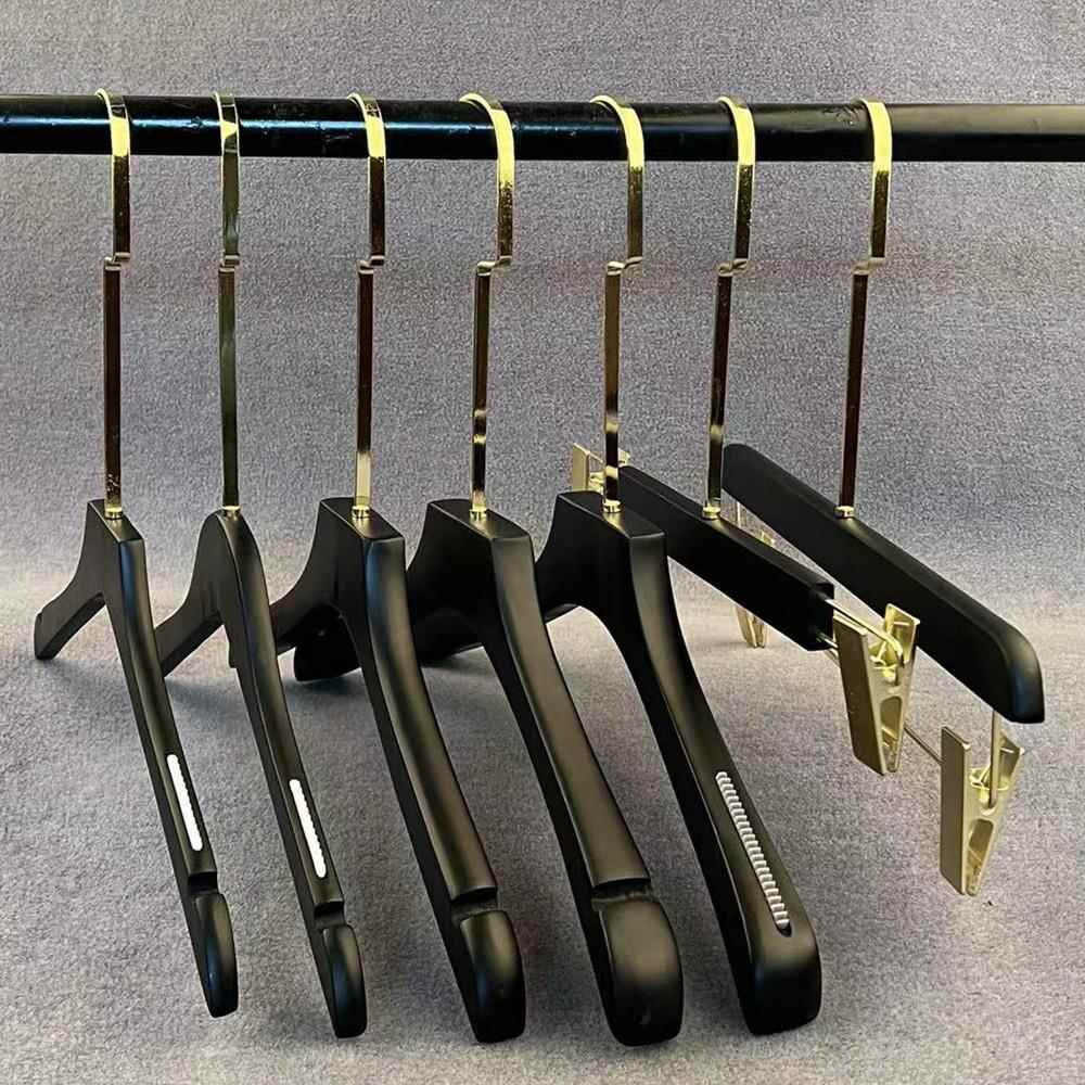 定制LOGO黑色实木衣架衣挂女服装店防滑无痕植绒木质衣撑裤夹包邮